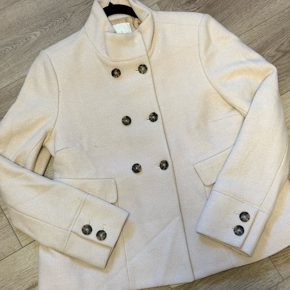 Joie Yara Wool Peacoat Funnel Neck Peplum Cream Double-Breasted Military Sz.L